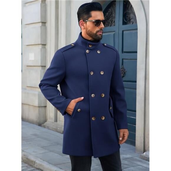 Mens Trench Coat Double Breasted Stand Collar Pea Coat